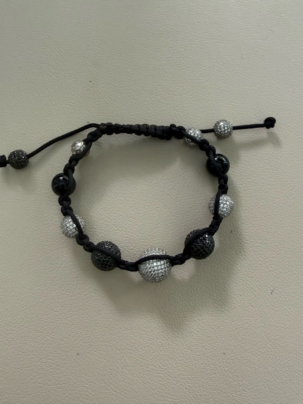 Adjustable Black Cord Bracelet with Sparkling Black & Silver Beads